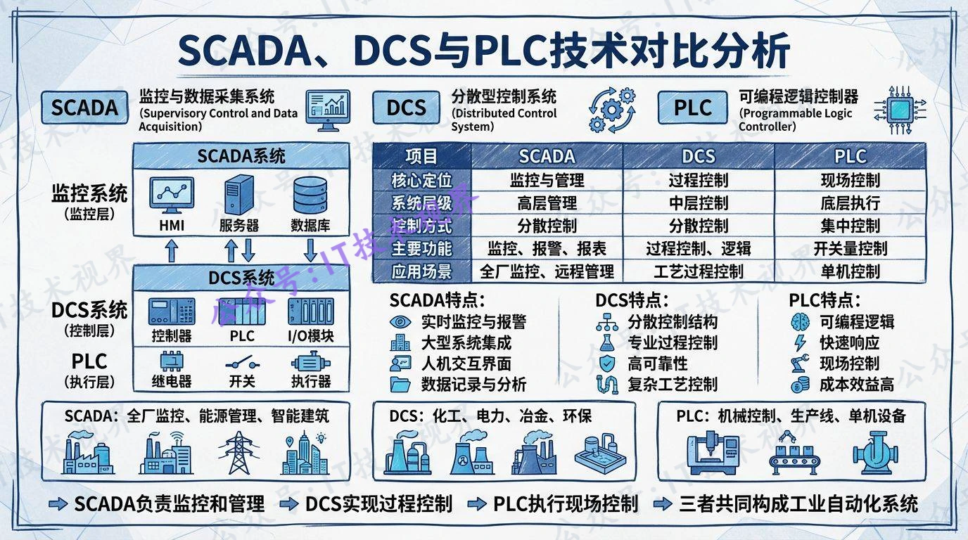 SCADA、DCS 与 PLC 的区别与联系:工业自动化三大核心体系解析-第1张图片-IT技术视界